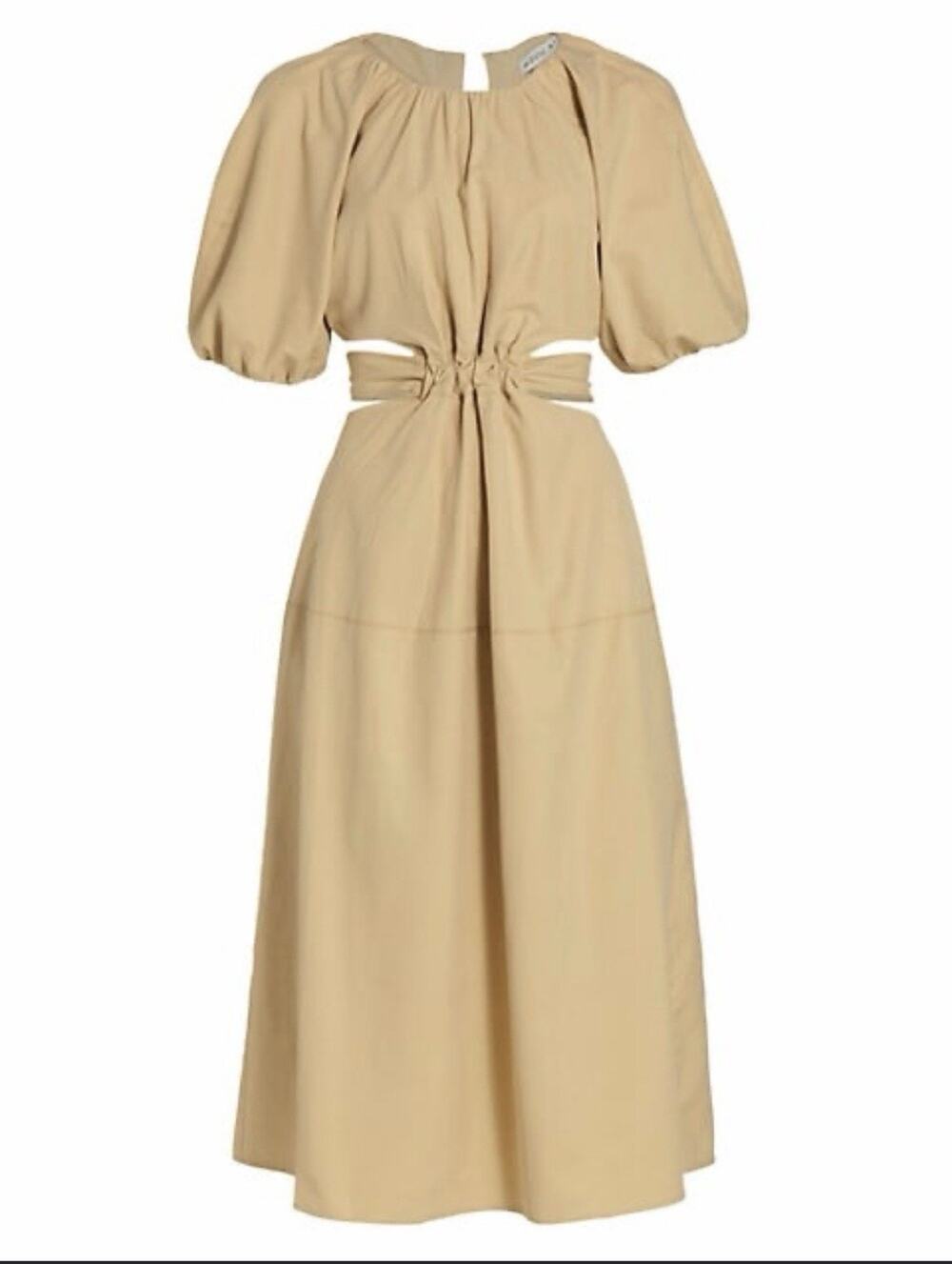 MOON RIVER WOMENS CUTOUT MIDI DRESS BEIGE TAN PUFF SLEEVE TIE BACK SIZE S